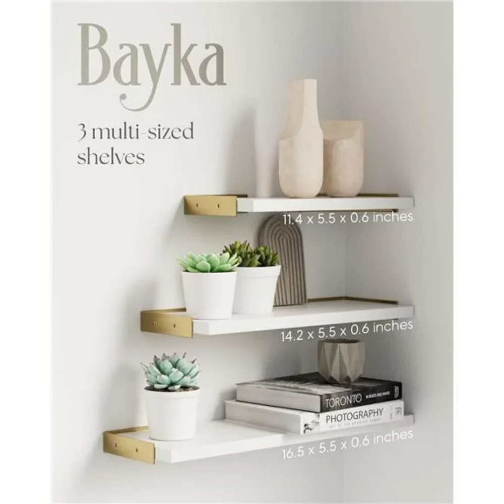 Floating Wall Shelves Set White Gold Wood Storage for Bathroom Bedroom Kitchen